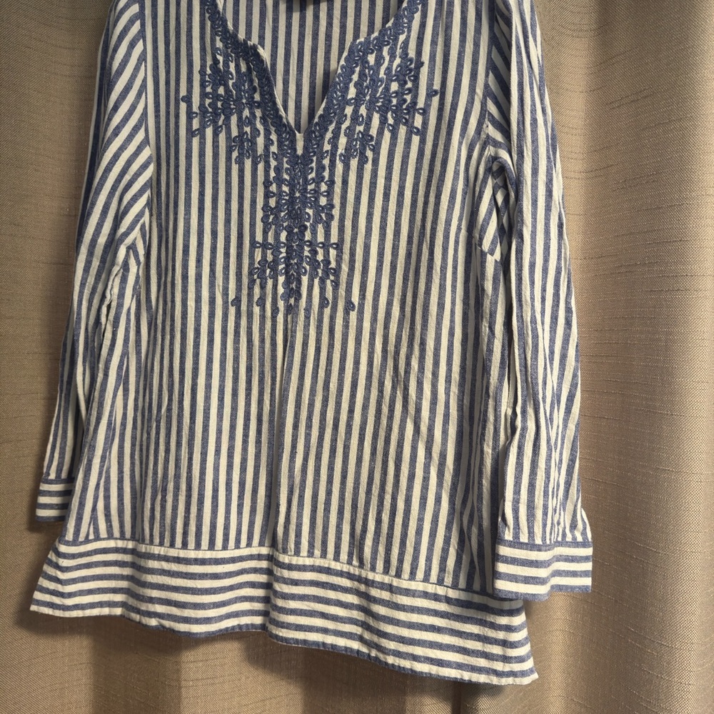 Vineyard Vines Womens linen tunic long sleeve size L blue white stripe